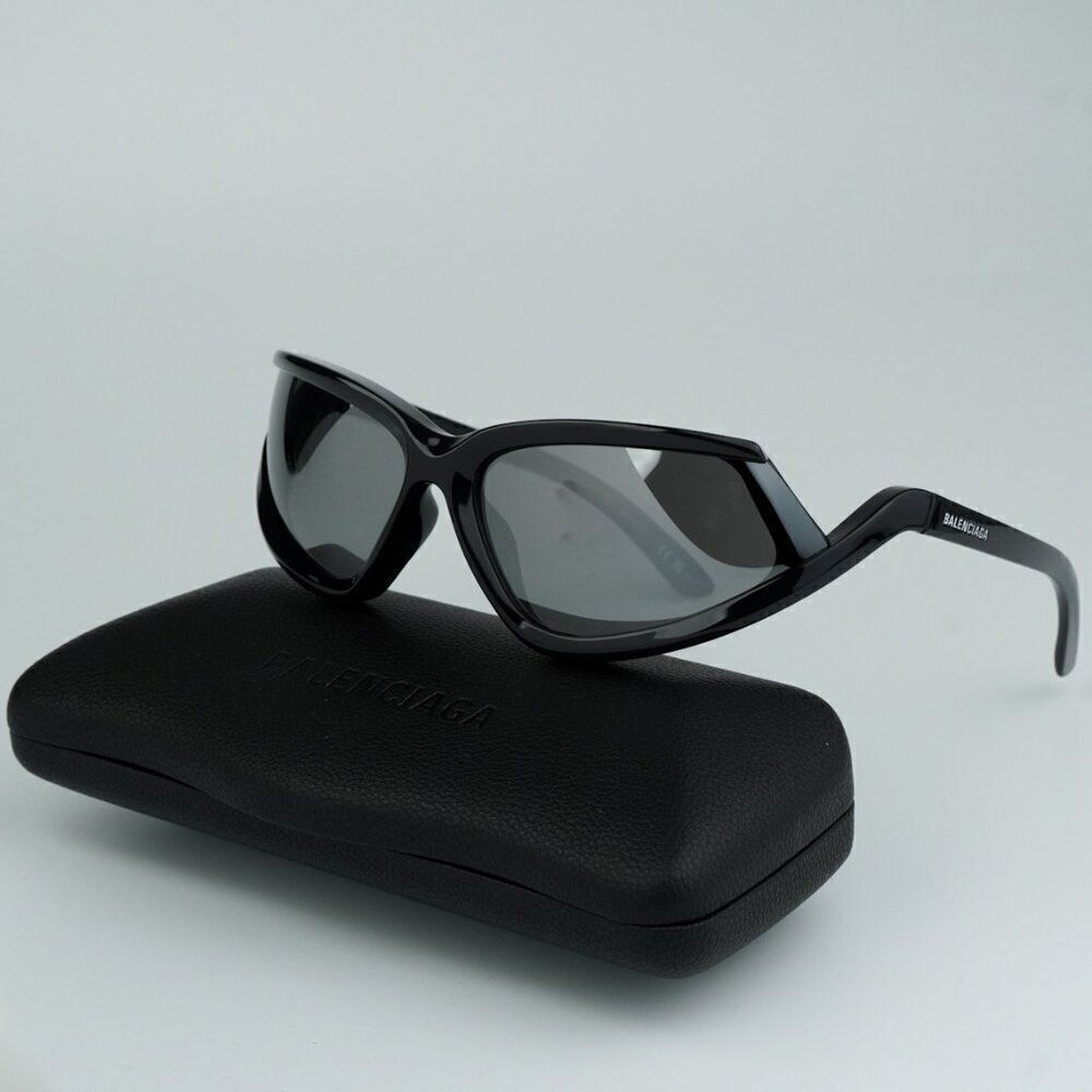 NEW Balenciaga BB0289S 001 Black Silver Mirror Wraparound Unisex Sunglasses